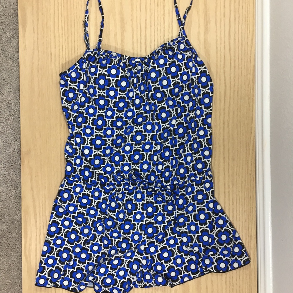 blue and white geometric pattern swimming romper